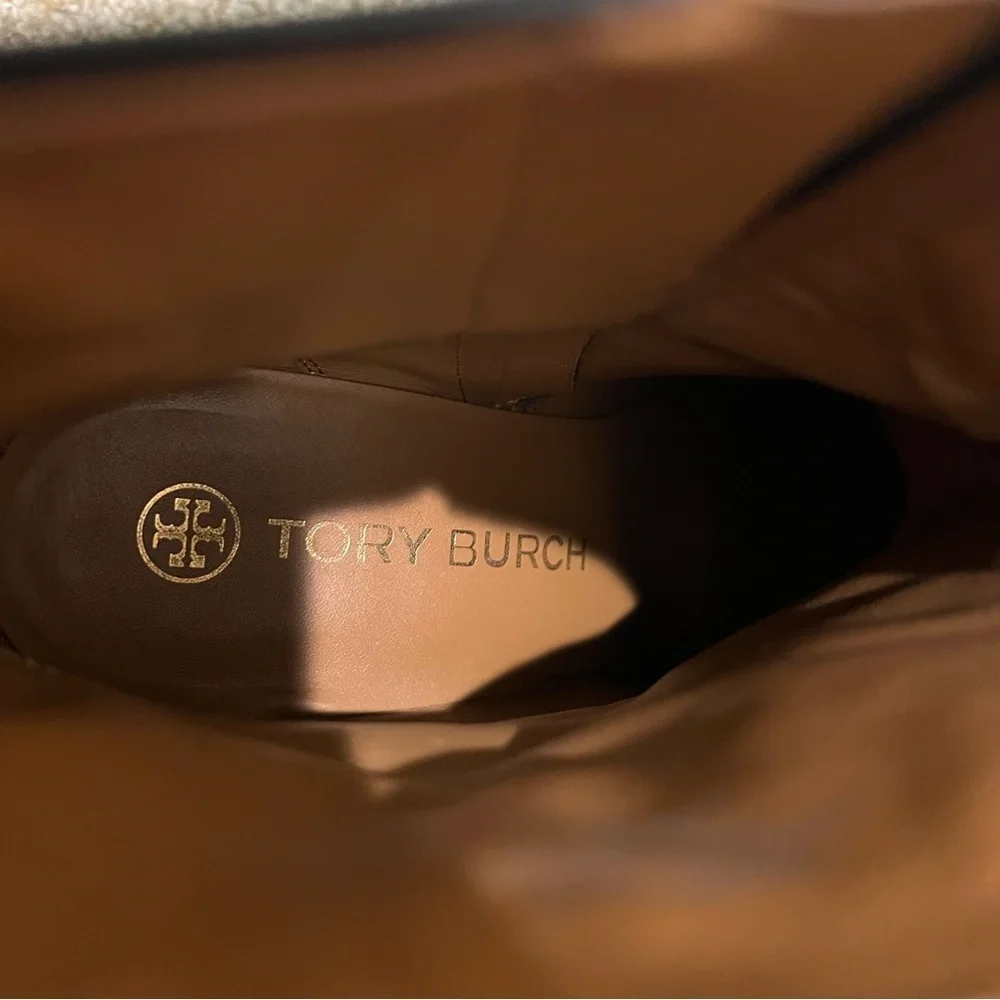Tory Burch Ruby Block Heel Leather Booties Chain Link Size 8.5